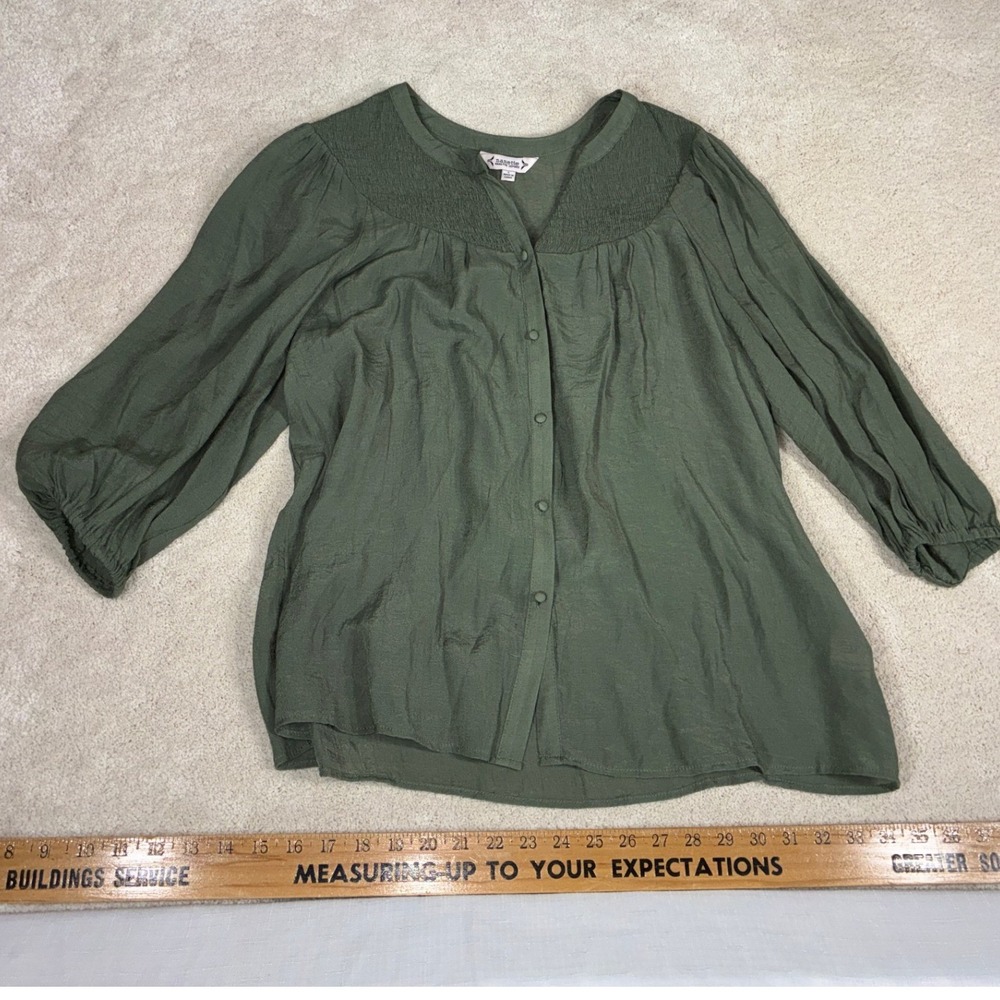 Nanette Lepore Women Olive Green Smocked Yoke Button Front 3/4 Sleeve Blouse L